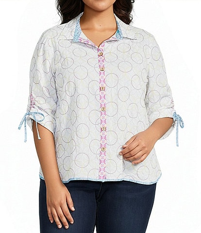John Mark Plus Size Woven Embroidered Multi Colored Circles Point Collar 3/4 Cinched Sleeve Button Front Top