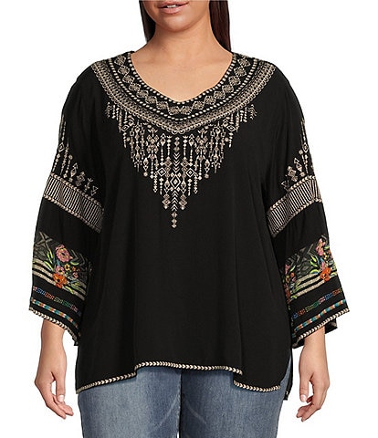 John Mark Plus Size Woven Embroidered V-Neck 3/4 Sleeve Top