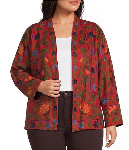  Plus Size Woven Floral Embroidered Long Sleeve Open-Front Jacket