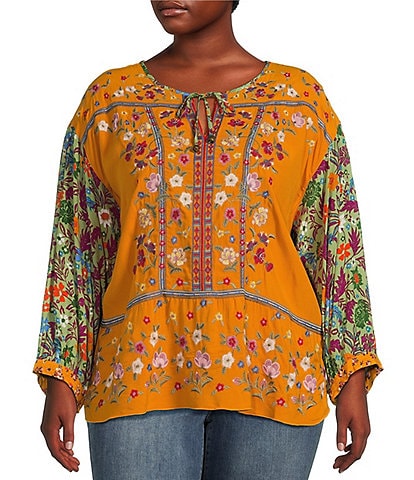 John Mark Plus Size Woven Floral Embroidered Split Neck Tie Front 3/4 Sleeve Tunic