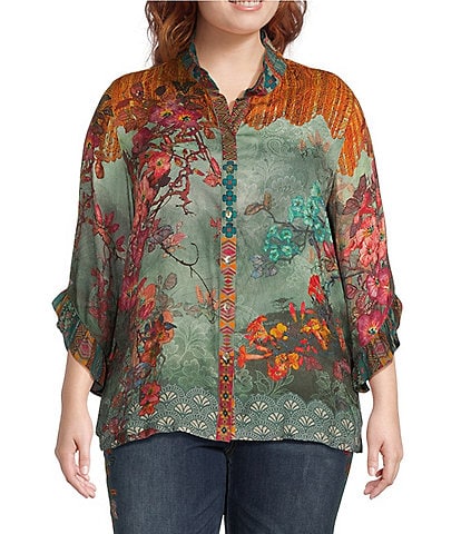 John Mark Plus Size Woven Floral Multiple Print Banded Collar 3/4 Ruffle Sleeve Button Front Shirt