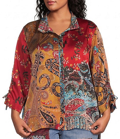John Mark Plus Size Woven Floral Paisley Wire Collar 3/4 Cinched Sleeve Button Front Blouse