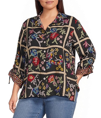John Mark Plus Size Woven Floral Print Embroidered Wire Collar 3/4 Cinched Sleeve Button Front Shirt
