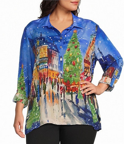 John Mark Plus Size Woven Holiday Novelty Print Wire Collar Long Roll-Tab Sleeve Button Front Tunic