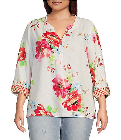John Mark Plus Size Woven Linen Floral Button Front High-Low Curved Hem Tunic