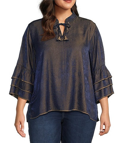 John Mark Plus Size Woven Metallic Embroidered Ruffled Split V-Neck 3/4 Sleeve Hi-Low Hem Peasant Tunic