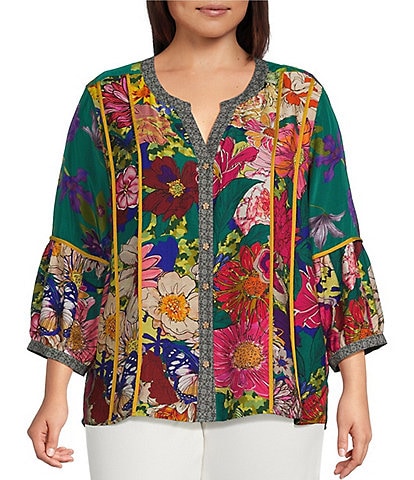 John Mark Plus Size Woven Mixed All Over Print Banded Y-Neck 3/4 Lantern Sleeve Button Front Shirt