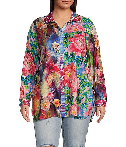 John Mark Plus Size Woven Mixed Floral Print Point Collar Roll-Tab Sleeve Button Front Tunic