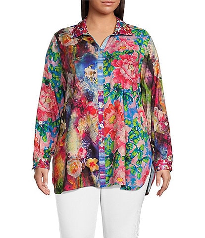 John Mark Plus Size Woven Mixed Floral Print Point Collar Roll-Tab Sleeve Button Front Tunic