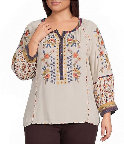 John Mark Plus Size Woven Mixed Print Embroidered Round Neck 3/4 Raglan Sleeve Tunic