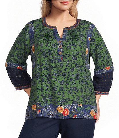 John Mark Plus Size Woven Mixed Print Patchwork Y-Neck 3/4 Sleeve Peasant Top