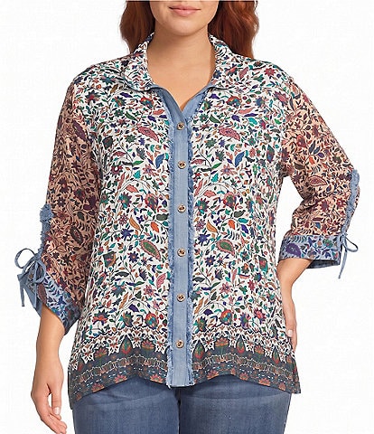 John Mark Plus Size Woven Multi Floral Wire Collar Long Cinched Sleeve Button-Front Shirt