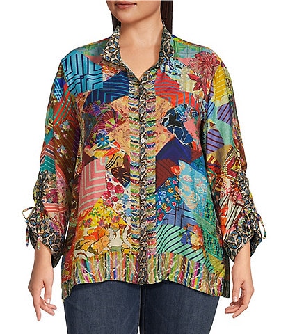 John Mark Plus Size Woven Multi Abstract Patch Print Wire Collar 3/4 Sleeve Button Front Blouse