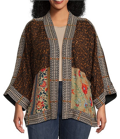 John Mark Plus Size Woven Multi Print Embroidered Open Front Neck 3/4 Sleeve Kimono Jacket