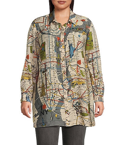 John Mark Plus Size Woven Novelty Map Print Point Collar Neck 3/4 Sleeve Button Front Long Tunic