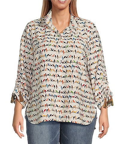 John Mark Plus Size Woven Novelty Print Point Collar Neck 3/4 Sleeve Tassel Tie Button Front Blouse