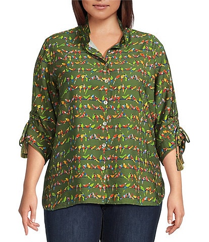 John Mark Plus Size Woven Parrot Print Wire Collar 3/4 Cinched Tie Sleeve Hi Low Hem Button Front Tunic