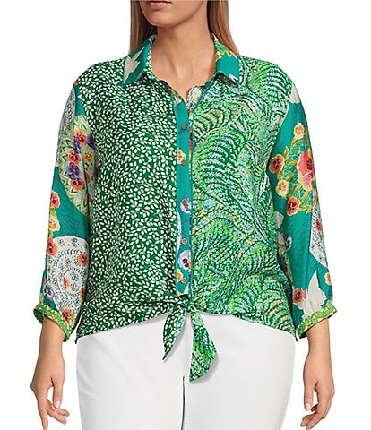John Mark Plus Size Woven Printed Point Collar 3/4 Sleeve Tie-Front Shirt
