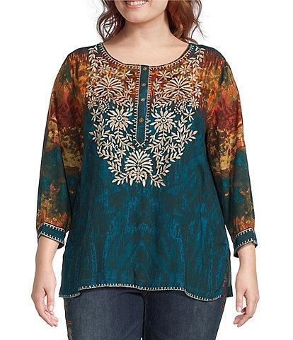 John Mark Plus Size Woven Tie-Dye Print Scoop Neck 3/4 Sleeve Tunic