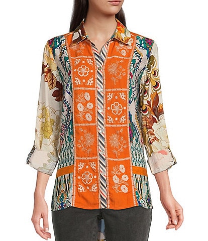 John Mark Point Collar Button Front Long Roll-Tab Sleeve Embroidered Panel Multi Print Tunic