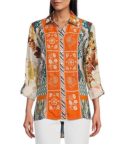 John Mark Point Collar Button Front Long Roll-Tab Sleeve Embroidered Panel Multi Print Tunic