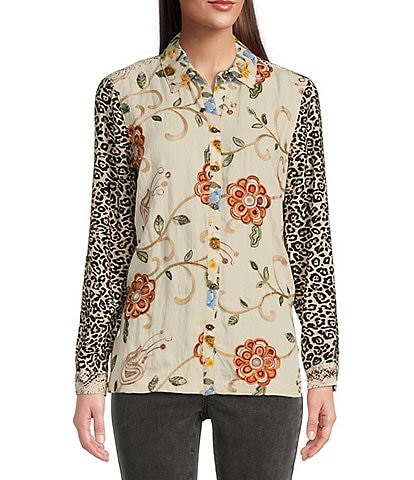 John Mark Point Collar Long Sleeve All Over Embroidered Front Button Mixed Print Tunic