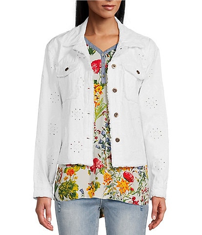 John Mark Point Collar Long Sleeve Button Front Eyelet Embroidery Jacket