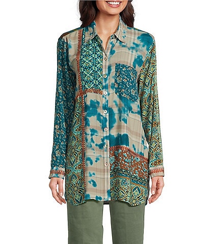 John Mark Printed Collared Long Sleeve Button Down Top