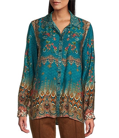 John Mark Printed Point Collar 3/4 Sleeve Button Down Tunic