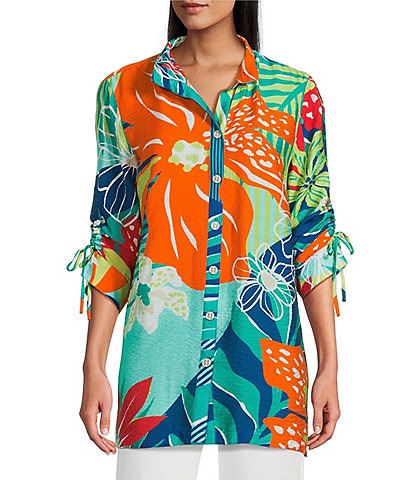 John Mark Printed Wire Collar 3/4 Cinch Tie Sleeve Button Front Tunic