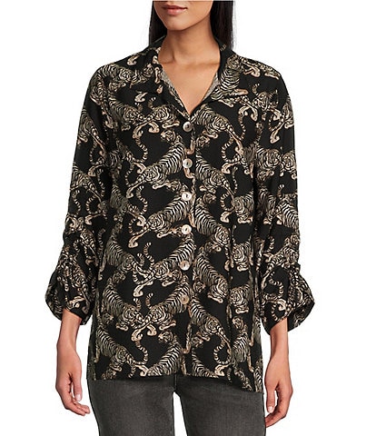 John Mark Printed Wire Collar Button Front Cinch Tie Sleeve Top