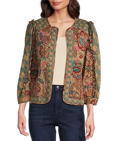 John Mark Quilted Multi Print Round Neck 3/4 Sleeve Jacket