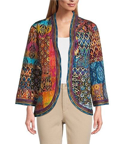 John Mark Quilted Woven Multi Print Banded Neck Long Cuffed Sleeve Running Stitch Embroidery Open Front Jacket