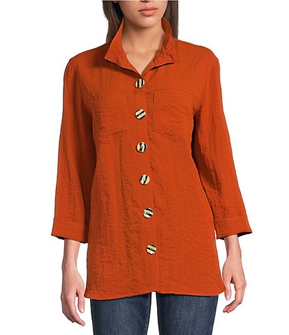 John Mark Solid Woven 3/4 Sleeve Wire Collared Button Front Patch Pocket Camp Shirt