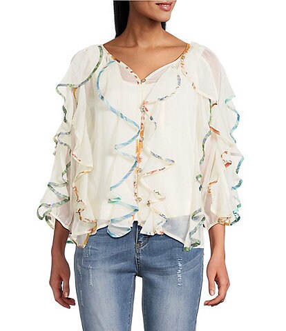 John Mark Spacedye Floral Binding V-Neck 3/4 Flounce Sleeve Ruffle Button Front Blouse