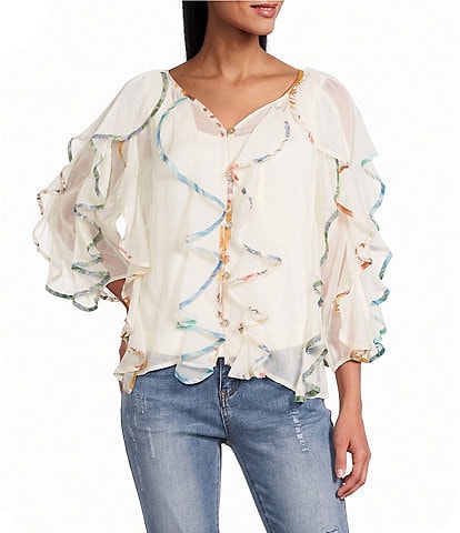 John Mark Spacedye Floral Binding V-Neck 3/4 Flounce Sleeve Ruffle Button Front Blouse