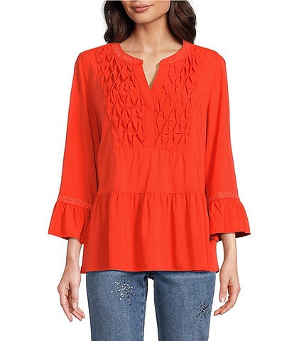 John Mark Split Neck 3/4 Sleeve Embroidered Motif Tunic