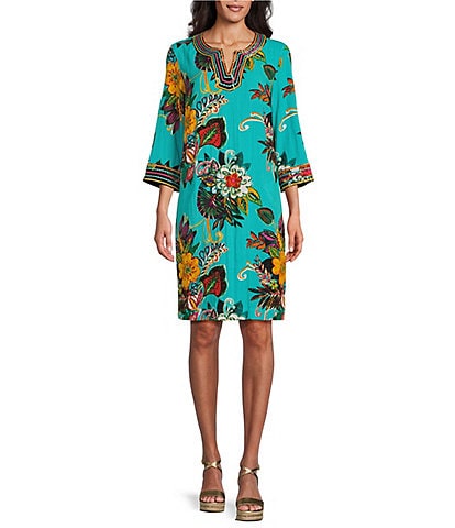 John Mark Split V-Neck Embroidered Tropical Print Tunic Dress