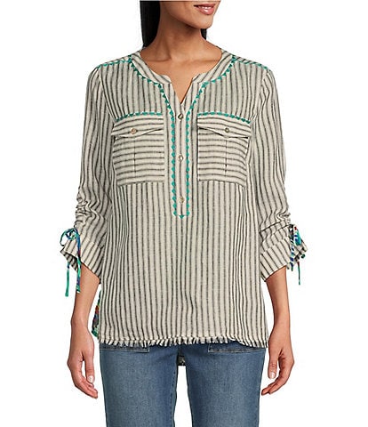 John Mark Stripe Embroidered Banded Collar Chest Pocket 3/4 Sleeve Tunic