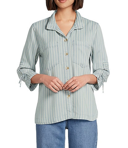 John Mark Stripe Wire Collar 3/4 Cinch Tie Sleeve Button Front Blouse