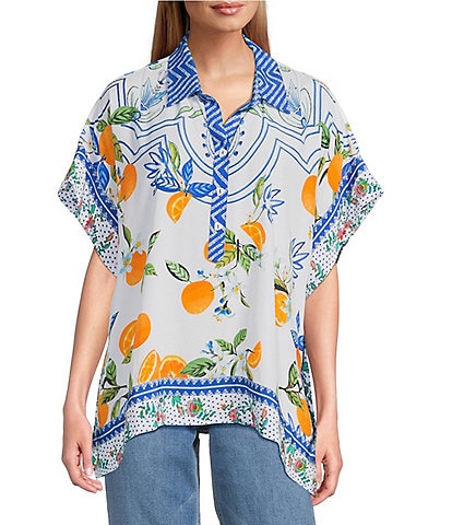 John Mark Tropical Point Collar Short Sleeve Wide Tunic
