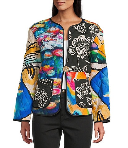 John Mark Watercolor Floral Mix Print Quilted Crew Neck Long Sleeve Button Front Jacket