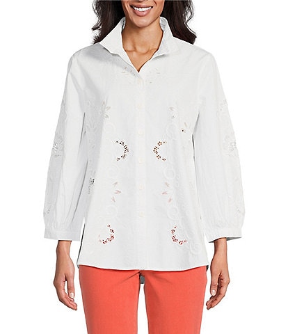 John Mark Wire Collar 3/4 Sleeve Embroidered Eyelet Blouse