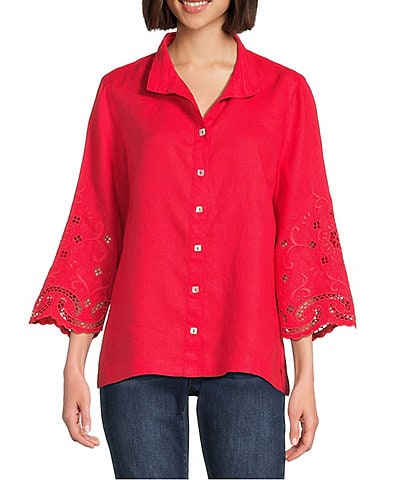 John Mark Wire Collar 3/4 Sleeves Embroidered Eyelet Shirt