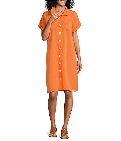 John Mark Wire Collar Short Dolman Sleeve Button-Front Dress