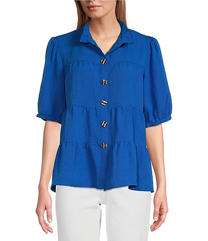 John Mark Wire Collar Short Sleeve Tiered Button-Front Top
