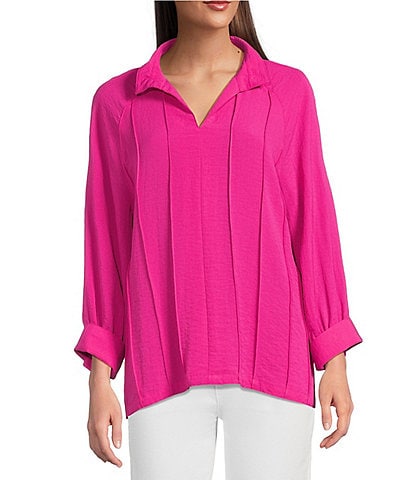 John Mark Wire Collar Split V-Neck 3/4 Sleeve Pintuck Detail Top