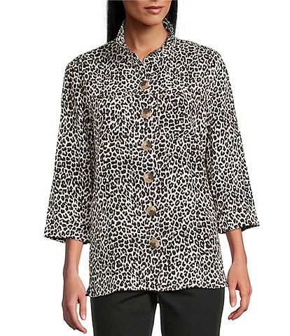 John Mark Woven Animal Print Wire Collar 3/4 Sleeve Button-Front Camp Shirt