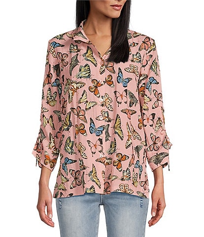 John Mark Woven Butterfly Print Cinched Tie Wire Neck Long Sleeve Tunic