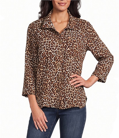 John Mark Woven Cheeta Print Wire Collar 3/4 Sleeve Button Front Blouse